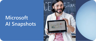 Person holding a tablet displaying a website design in front of a chalkboard. Text on left reads "Microsoft AI Snapshots.