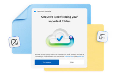 A Microsoft OneDrive notification stating that important folders are now being stored