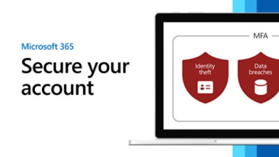 Poruka Microsoft 365 „Zaštitite svoj račun” prikazana pored prijenosnog računala koje prikazuje crvene ikone štita, naglašavajući zaštitu identiteta i podataka.