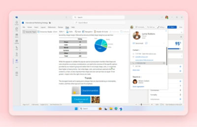 A computer screen displays a Word document with a pie chart, a Trends section, and a profile pop-up for a contact named Irma Robbins on the right side.