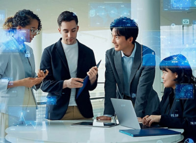 A group of people discussing something in a office