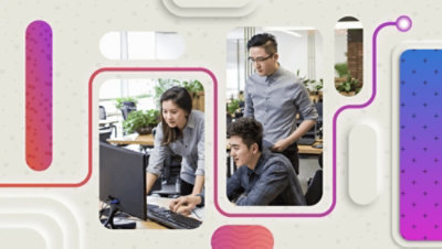 3 people looking at a computer in modern design