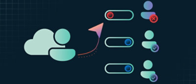 A computer screen showing a group of icons with an arrow pointing to a group of buttons and a blue and green cloud logo.