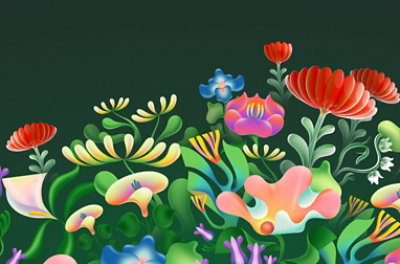 Colorful illustrated flowers and plants on dark background, created for the NDEAM theme.
