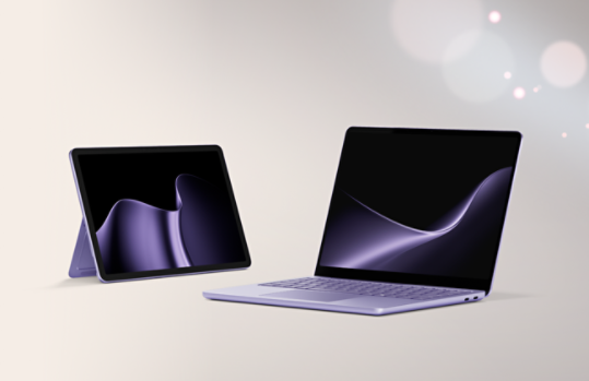A 12-inch Surface Pro and a 13-inch Surface Laptop, both in the color violet