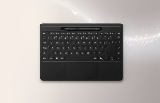 A black, Surface Flex Pro Signature Keyboard with Slimline Pen. 