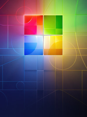 The Microsoft logo glows like stained glass.