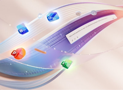 Microsoft 365 apps and Copilot interface illustration.