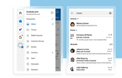 Screenshot of an Outlook interface showing an email inbox on the left and a contact search with calendar events 