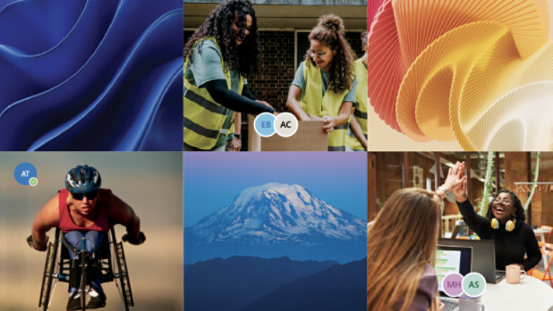 A collage of colorful photographs, including a snow-covered mountain and colleagues working together, plus blue and orange graphics