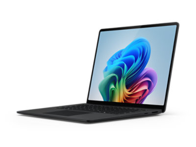 An angled view shows a Surface Laptop, Copilot+ PC, 15-inch in the color Black.