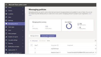 microsoft teams admin center interface focusing on messaging policies with statistics displayed and policy details listed.