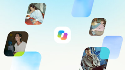 Microsoft 365 app icons including PowerPoint, Word, Excel, Outlook, Teams, OneNote, OneDrive, Copilot, and Designer displayed as colorful 3D illustrations on a light background.