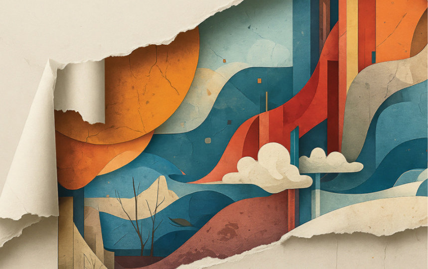 A colorful, abstract depiction of Earth with swirling geometric shapes.