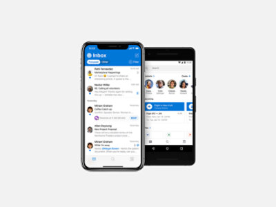 Un teléfono iOS y un teléfono Android con la aplicación de Outlook en la pantalla