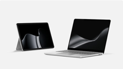 A Surface Laptop for Business, 13-inch (2nd Edition) | Snapdragon and a Surface Pro for Business, 12-inch (2nd Edition) | Snapdragon, both in the color Platinum.