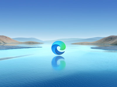 A landscape with the Microsoft Edge logo hovering over water.