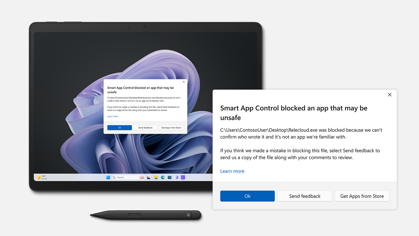 A Surface Pro 10 for Business shows Smart App Control working to block an unsafe app.