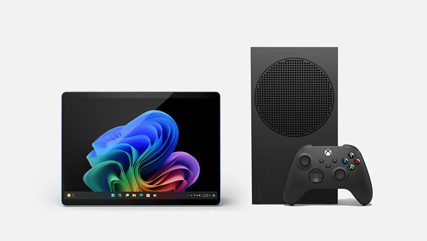 A Surface Pro, Copilot+ PC, and an Xbox Series X.