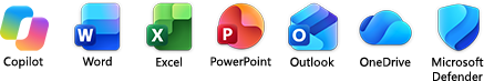 Aplicaciones de Microsoft 365 incluidas Microsoft Copilot, Word, Excel, PowerPoint, Outlook, OneNote y Microsoft Defender.