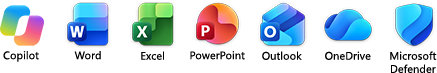 Microsoft 365 apps, including Microsoft Copilot, Word, Excel, PowerPoint, Outlook, OneDrive and Microsoft Defender