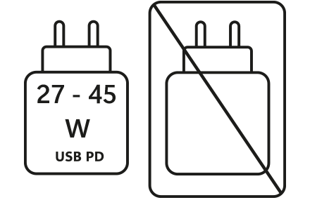 Deux pictogrammes côte à côte. Gauche : Alimentation USB PD de 27 à 45 W requise. Droite : Bloc d’alimentation avec une croix, indiquant qu’il n’est pas inclus.