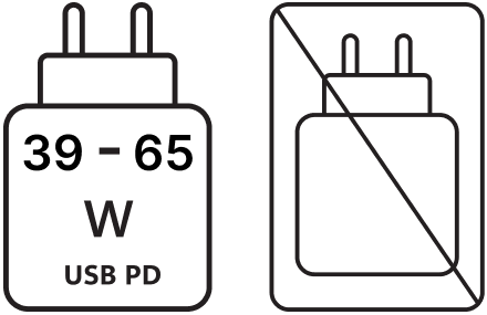 Dos pictogramas uno al lado del otro. Izquierda: se necesita una fuente de alimentación USB PD de 39 a 65 W. Derecha: fuente de alimentación con una cruz, lo que indica que no está incluida. 