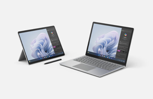 Image of Surface for Business family of Surface Pro 10 on kickstand, Surface Slim Pen 2 and Surface Laptop 6.