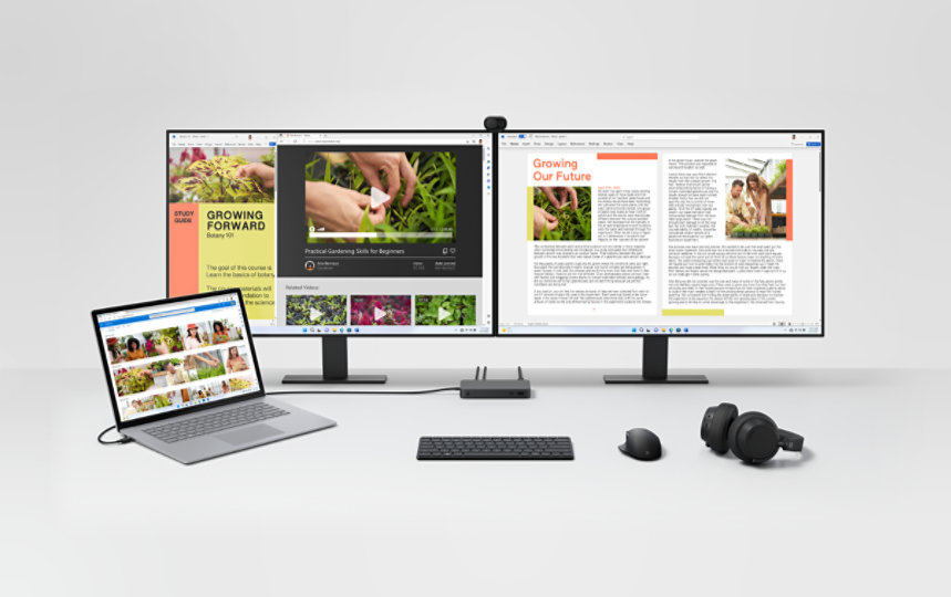 A desktop setup shows Surface Thunderbolt™ 4 Dock connected to other Surface devices and accessories.