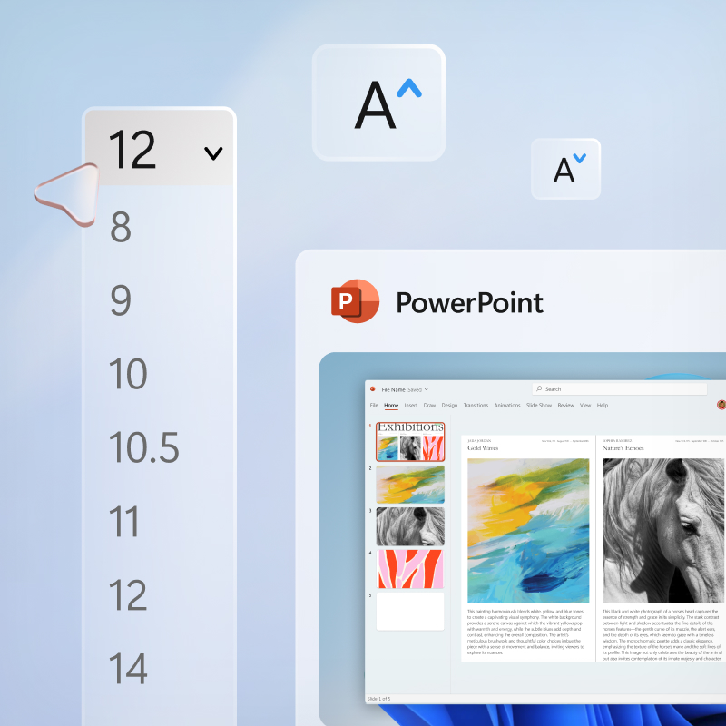 A PowerPoint file with large images of text editing features on top