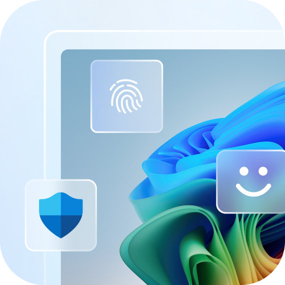 Partial view of a Windows PC screen with the rainbow bloom and enlarged Windows icons on top on a light blue background