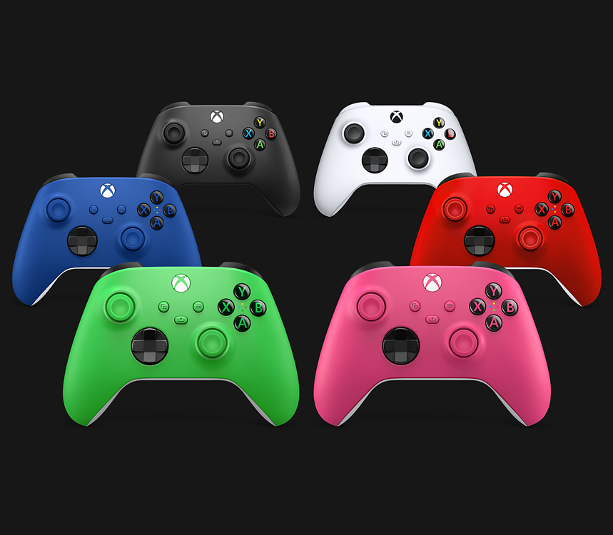 XBOX Wireless Controllers in various colors.