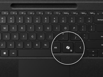 A close-up view of the new Copilot key on a Surface Pro Flex Keyboard with Slim Pen for Business.