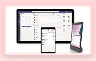 A large monitor, smartphone, and smart speaker display communication apps with contact lists 
