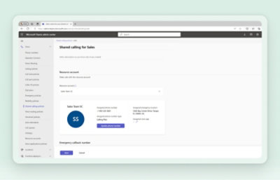 Microsoft Teams admin centre screen showing shared calling settings and assigned phone numbers