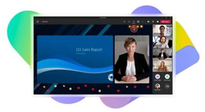 A Teams video call where a Presenter is giving a presentation titled Q3 Sales Report.
