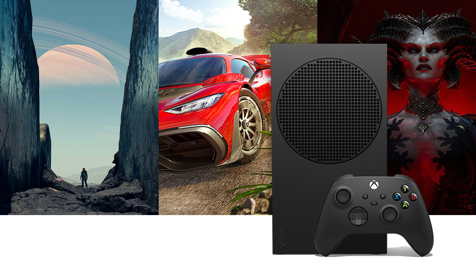 Vue de face de la XBOX Series S 1 To (noire) et de la manette