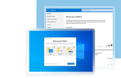 Screenshots of OneDrive settings showing backup options for folders like Desktop, Documents, and Pictures