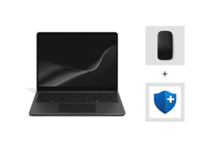 A Surface Laptop, 13-inch (2nd Edition) with Snapdragon® processors in Black with a Surface Arc Mouse in Black and Microsoft Complete. 