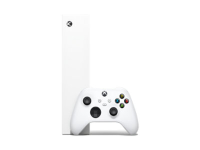 A side view of XBOX Series S and an XBOX Wireless Controller in Robot White.