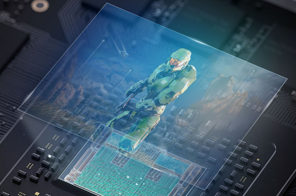 Image from Halo game over superimposed over internal XBOX Series X components