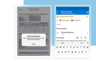 A document with a policy restriction message on the left and an email composition screen on the right