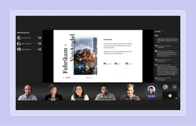 Raised hands notification, chat messages about VanArsdel sales analysis, and team collaboration on edits
