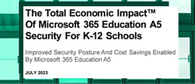 A green sign with black text detailing the economic impact of Microsoft 365 Education A5 for K-12 schools.