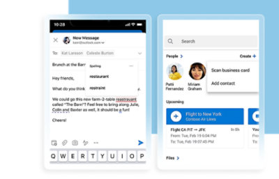 Split-screen image: Left side shows an email draft suggesting a restaurant brunch. Right side shows contact management options